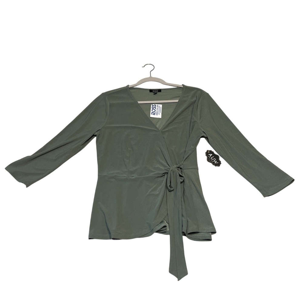 AUW Wrap Top Olive Green Long‎ Sleeve Tie Waist Knit Peplum Shirt Size M